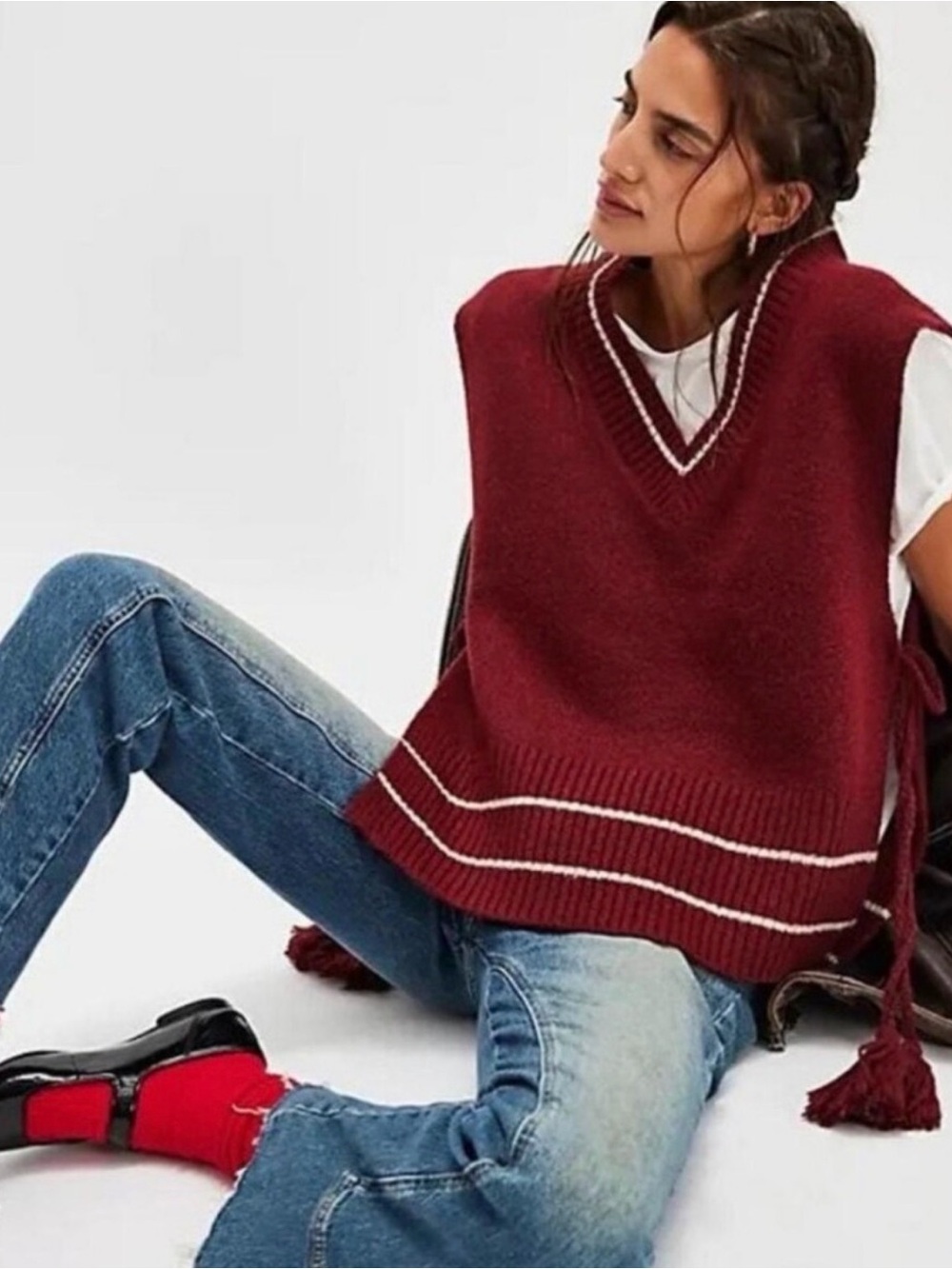 Free People Burgundy V-Neck Knit Vest with Cream Trim
